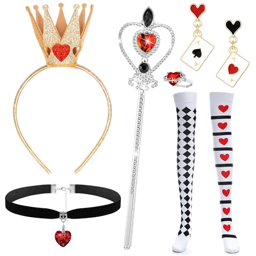 Gegvdfe 6 Pcs Hearts Queen Costume Accessories, Red Queen Costume Accessories with Crown Headband Wand Choker Necklace Socks Heart Ring Earrings for Halloween Party Cosplay