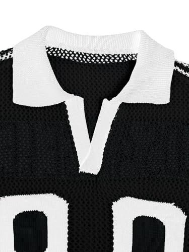 Verdusa Women's Plus Size Jersey Shirts Hollow Out Sheer Pullover Sweater Notched V Neck Collared Lightweight Knit Tops3