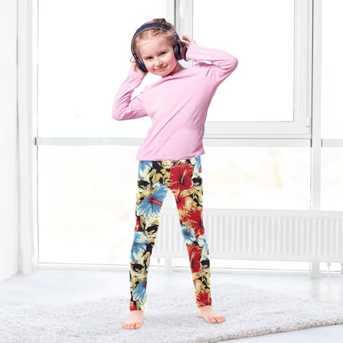 Red Blue Hibiscus Flower Skull Girls Leggings Soft Stretch Workout Yoga Dance Pants for Kids Casual Tights4