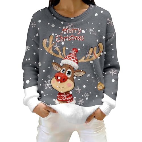 Eauptffy Pull en Tricot Femme Impression de Noël Flanelle Hiver Col Rond Manches Longues Pull en Laine Confortable Chaud Doux Pull en Tricot, O gris., L