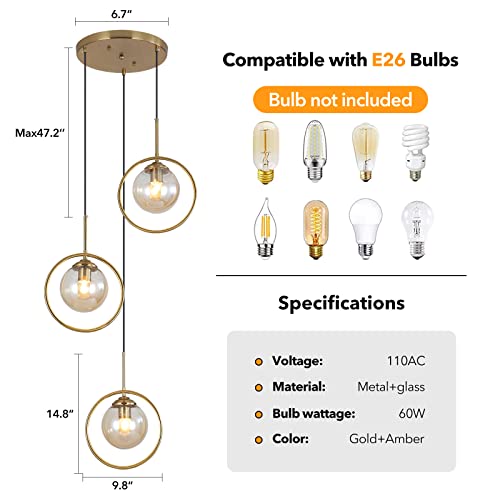 Riigoog 3 Light Pendant Lighting Modern Amber Glass Pendant Light Adjustable Hanging Pendant Lights Ceiling Lighting Fixture For Kitchen Dining Room Living Room Foyer Hallway #TOP1