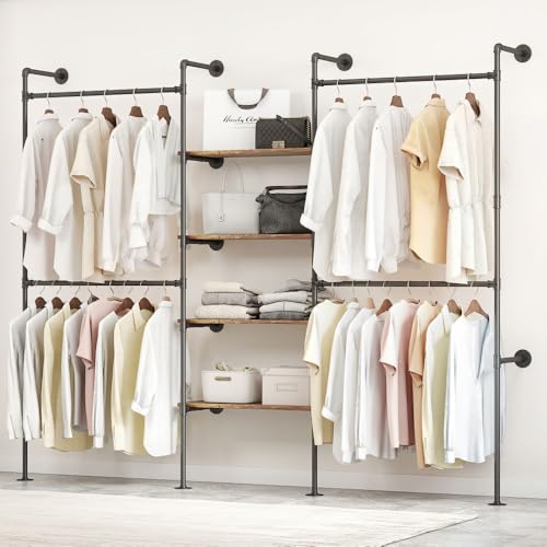 DABILONGC Industrial Pipe Clothing Rack, Heavy Duty Adjustable Garment Hanger with Shelves, 2 Installation Methods Closet Storage System for Wardrobe Organization (Black, 80