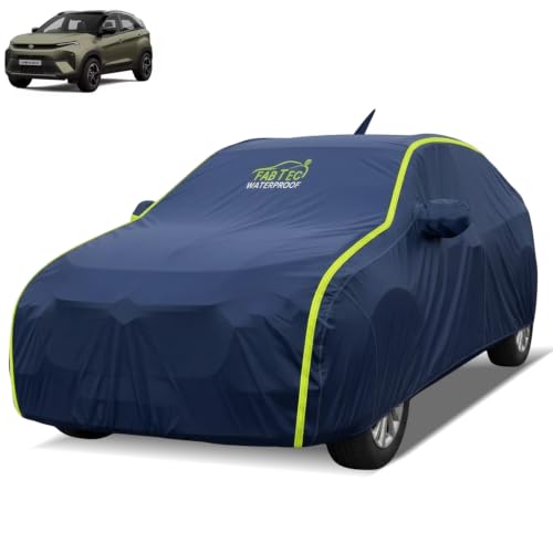 Image of FABTEC Waterproof Car Body Cover for Tata Nexon New Outdoor /Indoor All Weather Protection with Mirror Pocket Triple Stitched (Premium Navy Blue with Neon Piping)