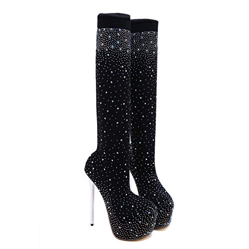 AFANG Chaussure Mode Cuissarde Botte Souple,Cuissardes Chaussettes Sexy Hautes Cuissardes, Cavalière Sexy Femme Lacets Simple Basique Classique Talon Haut Bloc,Noir,40 Cover