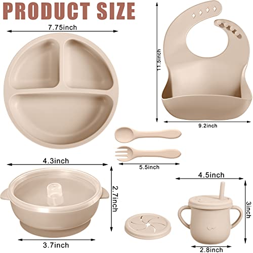 3 Sets Baby Led Weaning Supplies, Silicone Baby Feeding Set With Divided Plate Adjustable Bib Suction Bowl With Lid Snack Cup Soft Spoon Fork, Toddler Self Eating Utensil (Beige, Orange, Mint) #TOP1