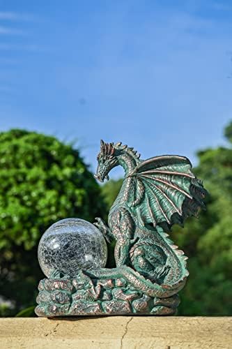 TERESA'S COLLECTIONS Large Bronze Dragon Garden Ornament Outdoor with Solar Lights, Waterproof Resin Garden Statue Figurine with Crackle Glass Ball for Patio Lawn Yard Decoration, 8.9inch
