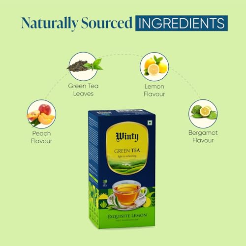 Image of Winty Exquisite Lemon Green Tea - 30 Compostable Tea Bags | Aromatic Blend Lemon & Peach | For Body Detox, Immunity and Weight Management | Herbal Tea Bags | Low Caffeine | No Preservatives