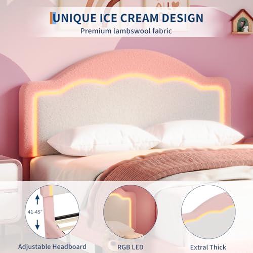 Image of GarveeHome Bed Frame with LED Headboard for Kids, Sherpa Upholstered Platform Bed Frame with Wood Slat Support, No Box Spring Required, Easy to Assemble (Pink, Twin)