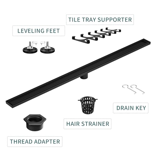 Bernkot Linear Shower Drain 42", Matte Black Floor Drain with Tiled Insert Grate & Hair Strainer, 304 Stainless Steel Bathroom 2-in-1 Tiled in Drain, CUPC Certified (Matte Black, 42'') by Bernkot - Image 6