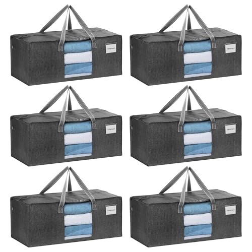 VENO Lot de 6 Sac de Déménagement 87L Extra Larges avec Poignées et Fermeture Eclair, Sac de Rangement Vêtements Pliables pour Se Déplacer, Voyager, Camper (Fenêtre Gris, Lot de 6)