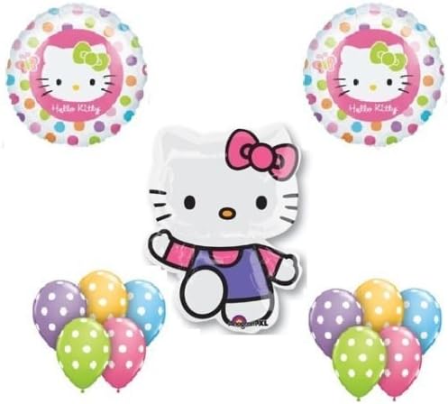 LOONBALLOON Hello Kitty Cat Polka Dots (13) Birthday Party Supplies Mylar Latex Balloons Set
