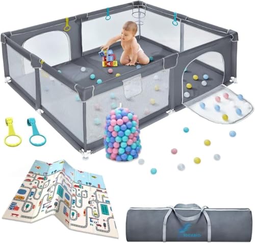 Baby Playpen with Mat 120 * 120 Play Yard for Babies and Toddlers Safety Baby Fence Indoor & Outdoor Kids Activity Play Center with 2 Pull Rings 1 Mat Anti-Slip Suckers and 2 Zipper Gate