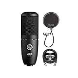 AKG P120 Cardioid Condenser Microphone for Voiceovers, Vocals, Pianos, Guitars, and String Instruments Bundle with Blucoil 10-FT Balanced XLR Cable, and Pop Filter Windscreen