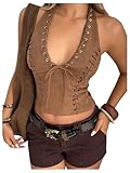 SweatyRocks Women's Deep V Neck Lace Up Crop Halter Tops Tie Front Western Cowgirl Suede Top Brown Large
