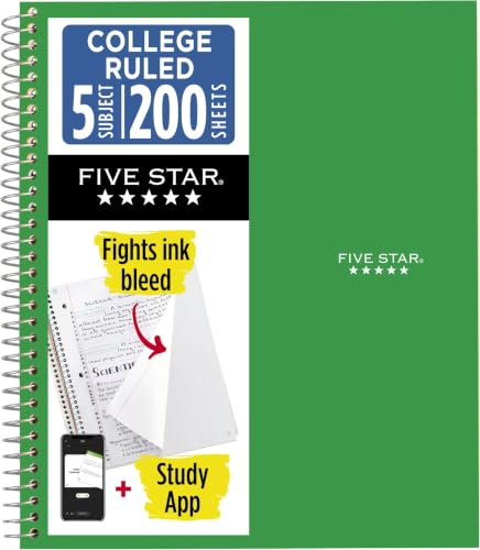 Image of Five Star Spiral Notebook + Study App, 5 Subject, College Ruled Paper, 8-1 /2 inch x 11 inch, 200 Sheets, Fights Ink Bleed, Water Resistant Cover, Forest Green (72079) (Pack of 6)