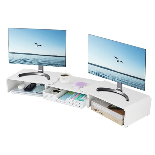 LEKETREE Dual Monitor Stand Riser with Drawer, Desk Organizer and Accessories, Metal Laptop Stand for Desk, Workspace Desktop Stand for Computer, Laptop, TV and More (White)