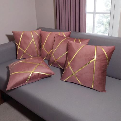 Image of Zikrak Besur Gold Stripe On Velvet|Pack of 5 Cushion Cover|for Home Decoration|Living Room Decor|Hotel Premeuim Qulaity Cushion Cover|Exclusive ON Amazon (Dusty-Pink, 16 X 16 INCH(40 X 40 CM))