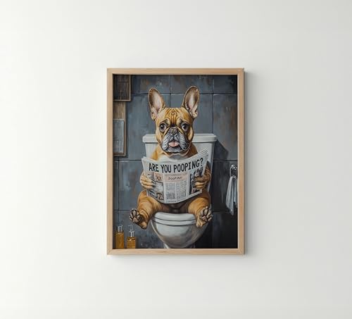 Image of French Bulldog on Toilet Wood Framed Wall Art Print Poster, Dog Bathroom Humor Decor Posters Prints for Restroom Home Picture Painting Artwork Gallery 7 (French Bulldog, 11 inchW x 14 inchL, Wood Frame)