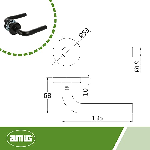 Amig - Zestaw klamek do drzwi z rozetą wewnętrzną | Mod. 4RX | 135 x Ø19 mm | 8 mm kwadrat | elegancki i prosty design | czarna stal nierdzewna