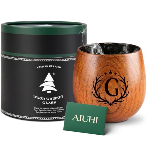 AIUHI 1 PCS Charred Wooden Whiskey Glasses,Personalized Bourbon Drinking Glass for Whiskey Lovers Birthday,Insulated Old Fashioned Bourbon Glasses Tumbler G