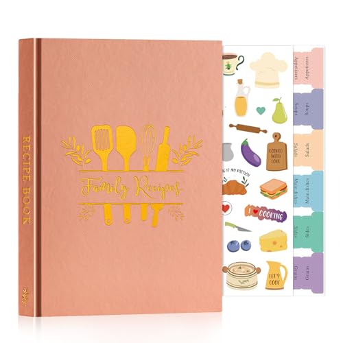 Lanpn Blank Recipe Book Cookbook for 70 Recipes, Waterproof A5 Empty Cooking Journal to Write in Your Own Recipes, Leather Cover Recipe Notebook with Stickers to Organize Your Family Recipes, Rose