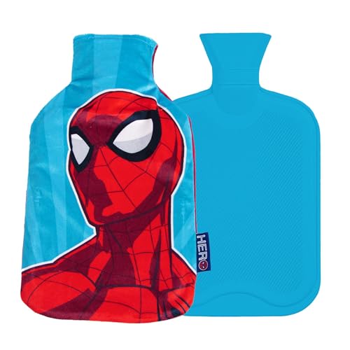 Disney Reversible Hot Water Bottles – Spiderman Plush Cover – Natural Rubber 2L Capacity - Spiderman Super Hero Design - Reversible