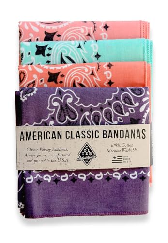 4 pack Paisley Bandana - USA Made Classic Pattern Multi-purpose Bandanas For Men and Women, 100% Cotton