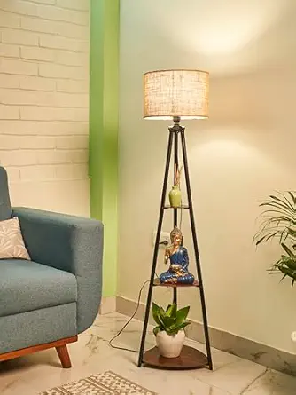 Crosscut Furniture Metal Floor Lamp with 3 Shelves (Brown Jute). LED Bulb Included.