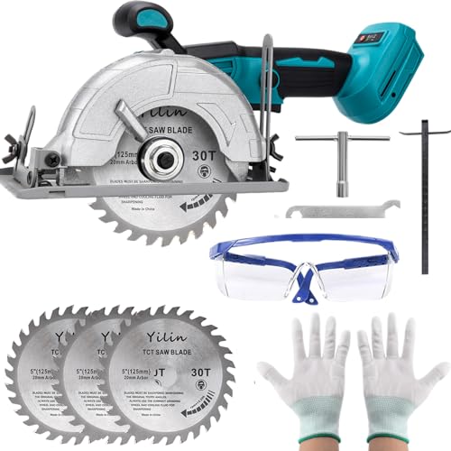DriSubt Bürstenlose Mini-Kreissäge, Handkreissäge für Makita 18 V Li-Ion Akku mit 3 Sägeblättern (125mm), Kupfermotor kann diagonal schneiden 6500RM/min Multifunktionssäge für Holzbearbeitung