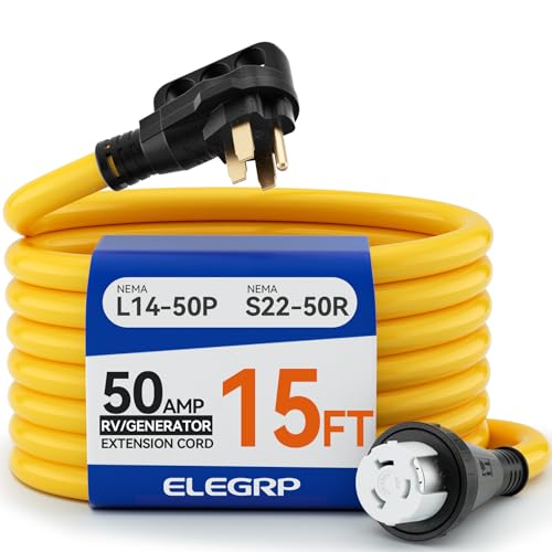 Image of ELEGRP 50 Amp Generator RV Extension Cord 15 FT, 4 Prong NEMA 14-50P to NEMA SS2-50R Twist Lock, Heavy Duty 6 /3+8 /1 Gauge STW Locking Power Cord for RV Camper /Generator /House, UL Standard Compliant