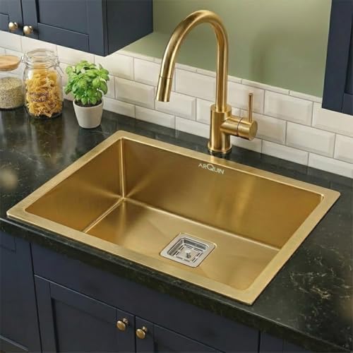 ARQUIN Handmade Kitchen Sink 24x18x10 Inch Single Bowl Sink Gold Premium Heavy Grade Stainless Steel Matt Finish Sink Including Vegetable Fruit Tray, Waste Coupling Hose Pipe