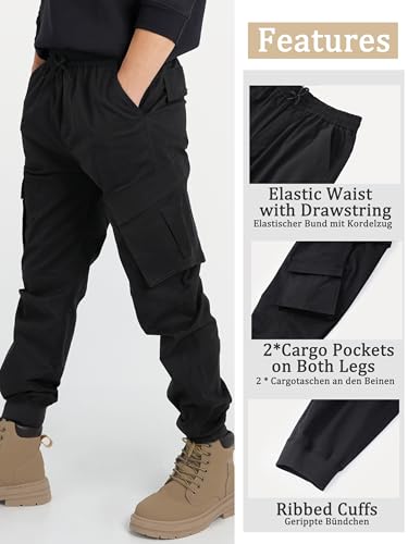 CAMLAKEE Boys Stretch Cargo Pants Kids Drawstring Elastic Waist School Youth Twill Joggers Pants4