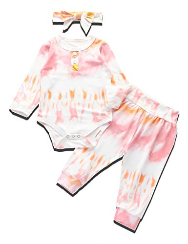 Infant Baby Girl Tie Dye Pajamas Clothes Set, Long Sleeve Button Romper+Cotton Long Pants+Headband 3Pcs Newborn Fall Outfits (Tie-dye Style-C, 12-18 Months)