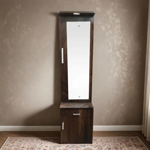 Image of CASPIAN Engineered Wood Single Door Vanity Dressing Table (Rainforest Brown) | Pre-Assembled Furniture with Mirror & LED Light | Makeup & Accessories Organizer with 4 Shelves, 1 Cabinet & 1 Drawer