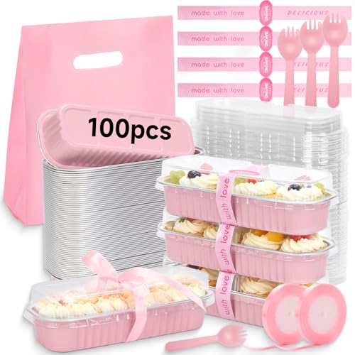 Orlashop 6.8oz Mini Loaf Pans with Lids, 100 Pcs Disposable Rectangular Aluminum Cake Pans, Pink Mini Baking Pans with Lids and Spoons, Includes 20 Pink Gift Bags, Small Cake Tins Ideal for Mini Cakes