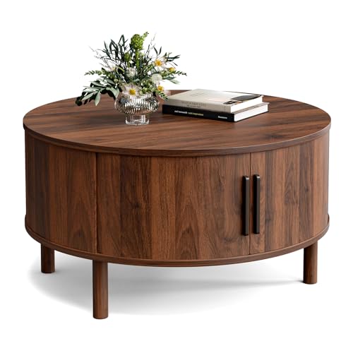 Image of ZttRiee Round Coffee Table with Sliding Doors, Mid-Century, Walnut | O30.0 inchD x 16.3 inchH, 200 lbs capacity, dual sliding-door storage, ~45 min assembly