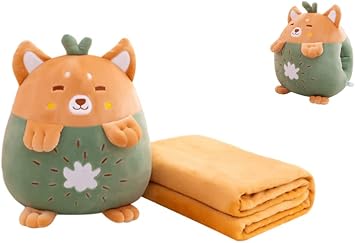 YUDONG 15" Kids Stuffed Animals Travel Blanket and Pillow Set,Cute Dog Plush Pillow with Hand Warmer Design,Perfect for Travel, Camping, Home and Office. | Cute Pillow with Hand Warmer Design for Travel, Camping, Home & Office