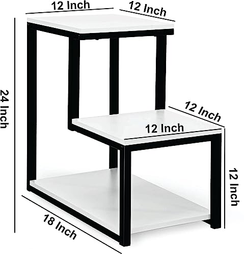Image of 3-Tier Sofa Side Table, Nightstand with Storage Shelf, Sturdy Metal Frame, Ladder-Shaped Chair Side Table, Tabletop Storage Shelf for Living Room or Bedroom