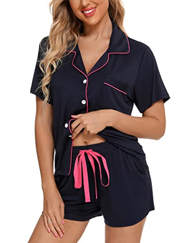Image of Pjmlifecoco Women's Modal Pajama Set Short Sleeve Button Down Two Piece Soft Sleepwear with Shorts Loungewear S-XXL