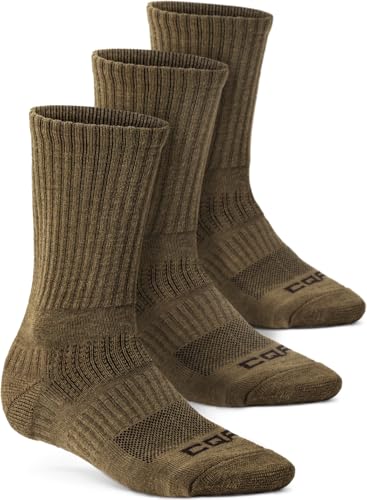 CQR 3 Pack Men and Women Wool Hiking Mid Calf Crew Socks Moisture Wicking Breathable Outdoor Tactical Cushion boot Socks Rex Lt 8.5in Coyote Brown Large