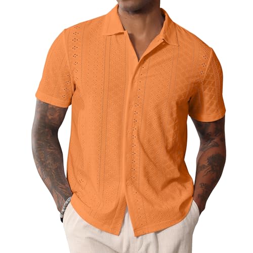 Image of CTU Mens Short Sleeve Shirt Button Down Cuban Collared Shirts Casual Summer Beach Shirt Orange