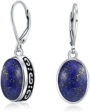 Boho Western Style Gemstone Oval Lever Back Drop Dangle Earrings For Women .925 Sterling Silver Semi Birthstone Colors