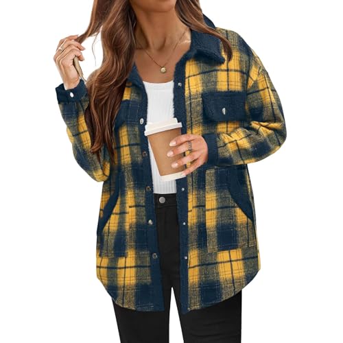 Womens Flannel Plaid Shacket Warm Fuzzy Fleece Jacket Casual Long Sleeve Button Down Shirts Coats Trendy Fall Outfits