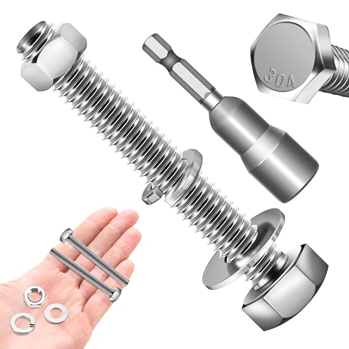 Image of (12 Sets) 1 /4-20 x 2 Hex Head Screws Bolts and Nuts Kit with 1 /4-20 Bolt, 1 /4-20 Nuts, Flat & Lock Washers, Fully Threaded, 1 /4 20 Stainless Steel Bolts, Bright Finish by Marysino