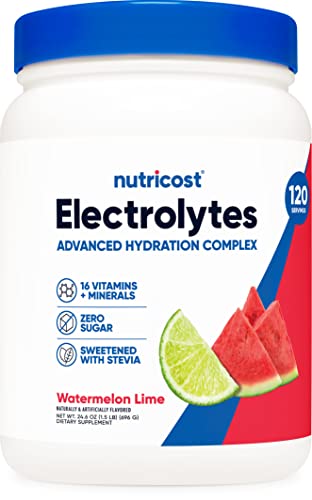 Nutricost Electrolytes Advanced Hydration Powder (Watermelon Lime) 120 Servings - Zero Sugar, 16 Vitamins & Minerals