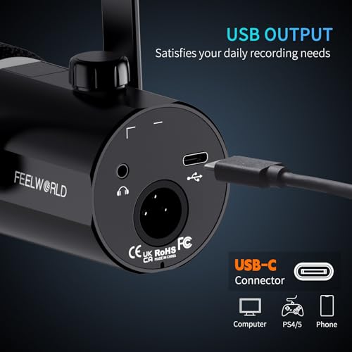 Feelworld PM1 XLR/USB Micrófono Dinámico para Grabación de Blogs Juegos Retransmisión en Directo con Luces RGB, Función de Silencio, Conexión para Auriculares,odo de Polaridad Cardioide(con Soporte) - imagen 4