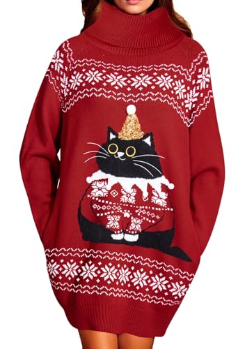 Pink Queen Damen Übergroßes Langes Pulloverkleid Rollkragen Taschen Minikleid Weihnachts Strick Pullover Gold M