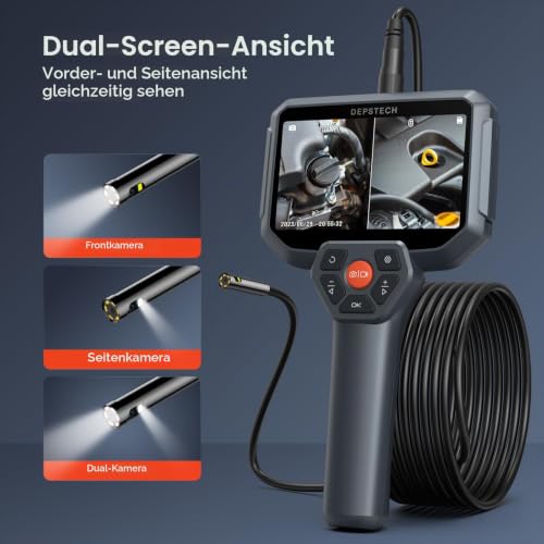 DEPSTECH Endoskopkamera mit Licht, 5 Zoll IPS Bildschirm Dual Lens Endoskop, Kanalkamera...
