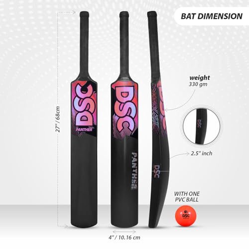 Image of DSC Panther Plastic Bat with PVC Ball - Ideal for Tennis and Gully /Turf Cricket Bat, Color - Black, Size - 2 (4-6 Yrs)