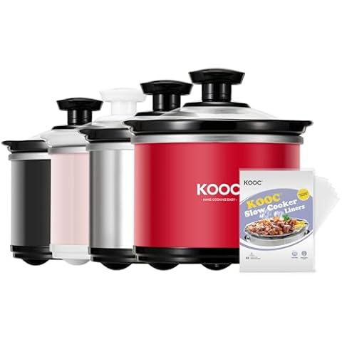 KOOC Small Slow Cooker, 0.65 Quart, Free Liners Included, Upgraded Ceramic Pot, Nutrient Loss Reduction, Sauces, Stews & Dips, Stainless Steel, Red, Round Cover